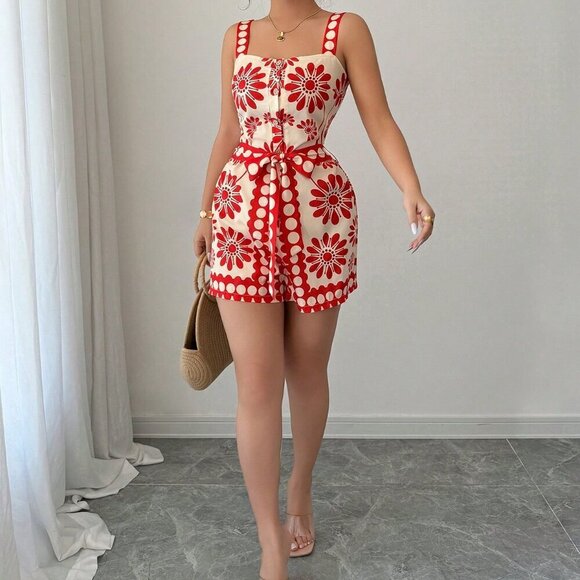 Orange Boho Women's Print Floral Sleeveless Jumpsuit - Picture 3 of 6